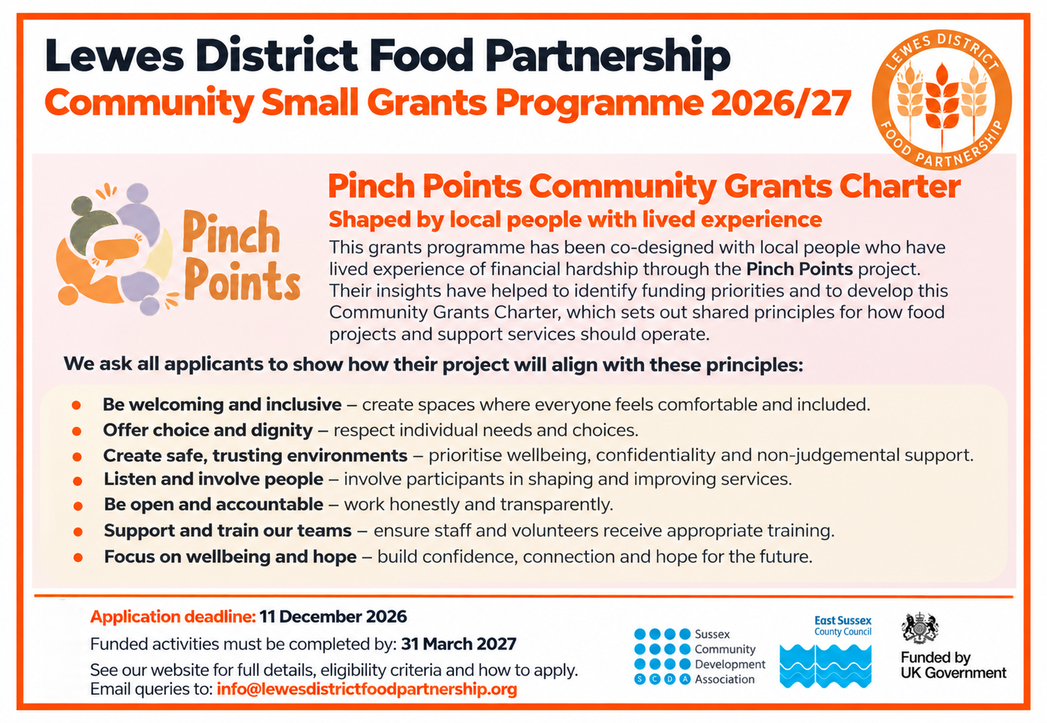 Lewes District Food Partnership Community Small Grants Programme 2026/27 Pinch Points Community Grants Charter showing funding principles for applicants.